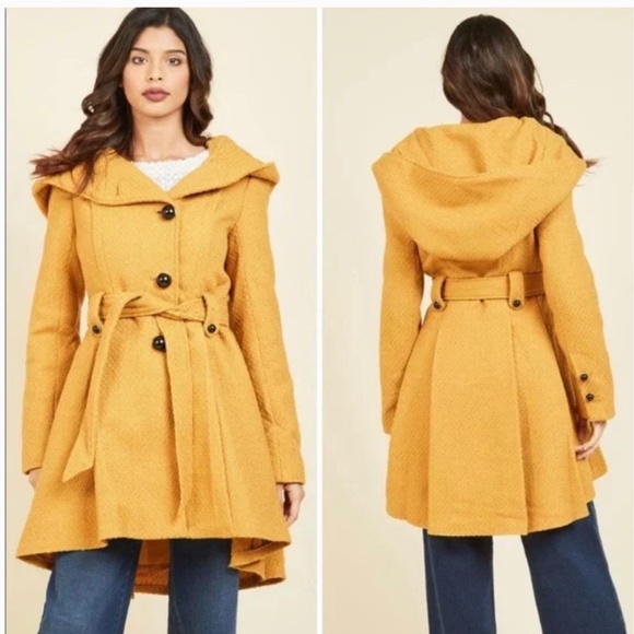 Steve Madden Jackets & Blazers - Mustard Yellow Hooded Belted Swing Coat
